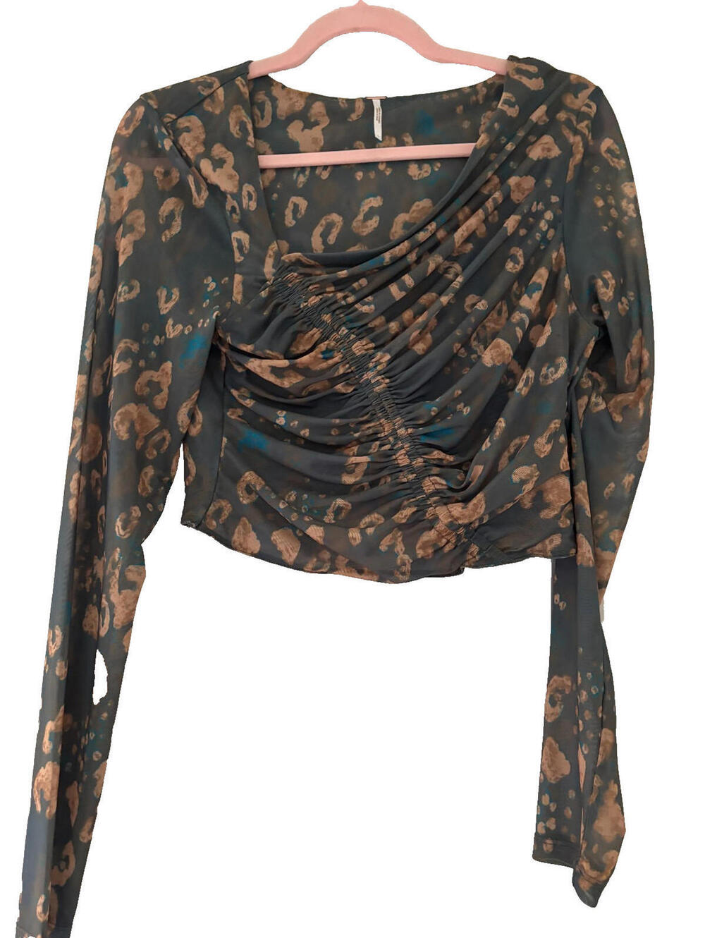 Boho Free People army green and brown sheer crop top sz L. NWT #39‎